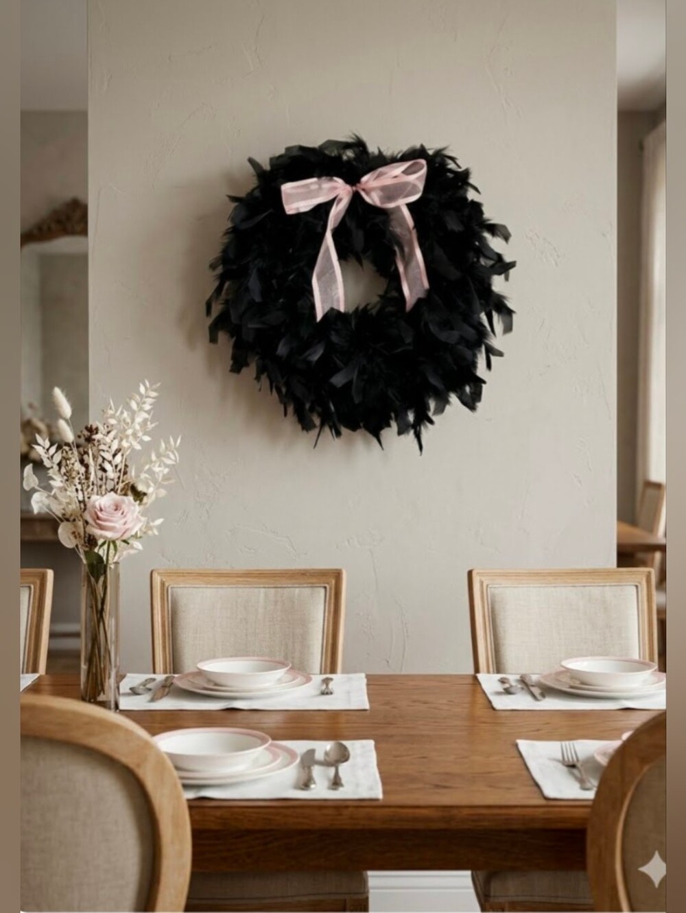 Handmade Feather Wreath With Bow-14" Black/Light Pink